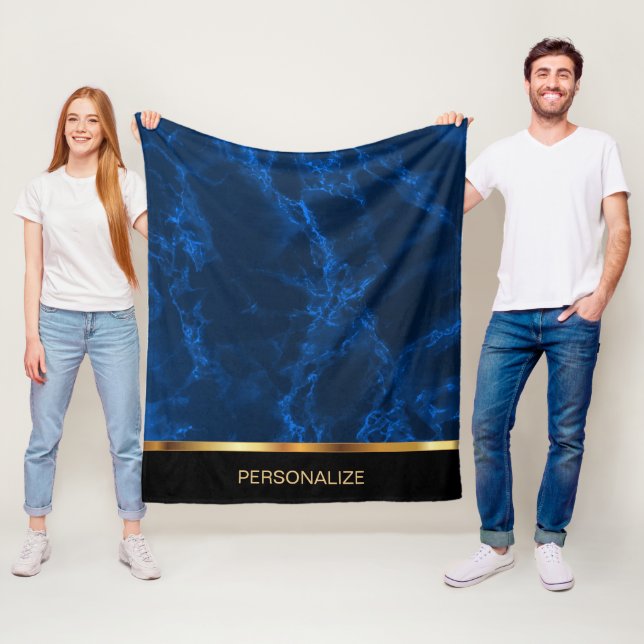 Deep Blue and Gold Marble Fleece Blanket (In Situ)