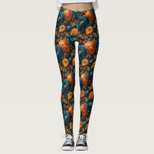 Deep Blue and Golden Orange Peonies Leggings