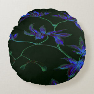 Deep Blue and Green Japanese Maple Leaf Design Round Cushion