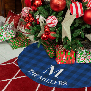 Deep Blue and Navy Buffalo Check Family Monogram Brushed Polyester Tree Skirt