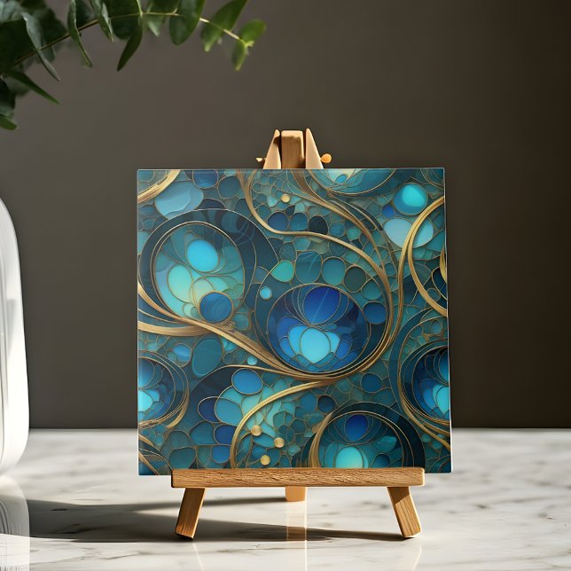 Deep Blue and Turquoise Waves with Gold Swirls Tile (Creator Uploaded)