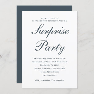 Deep Blue and White Classic Surprise Party Invitation