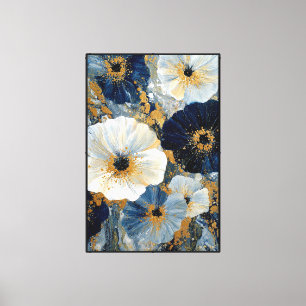 Deep Blue and White Flowers with Gold Accents Canvas Print