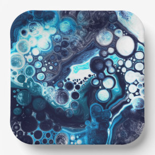 Deep Blue and White Marble Fluid Art   Paper Plate