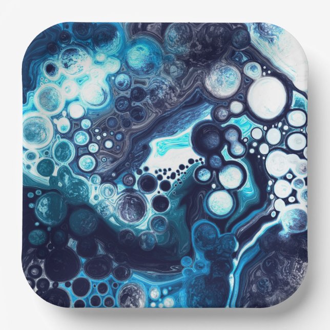 Deep Blue and White Marble Fluid Art   Paper Plate (Front)