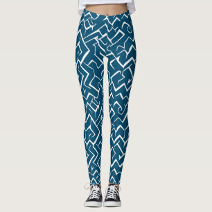 Deep Blue and White Meander Pattern   Modern Maze Leggings