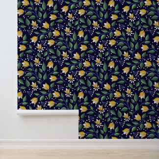 Deep Blue and Yellow Floral Wallpaper