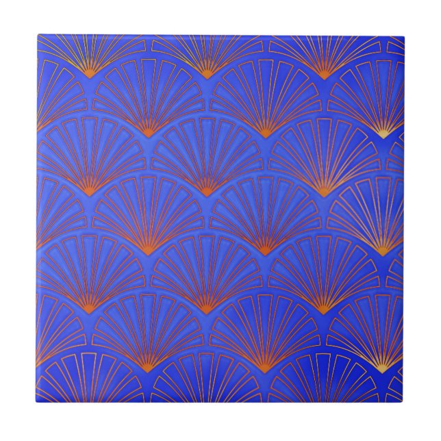 Deep blue, Asian Fan Pattern,art deco, pattern,vin Tile (Front)