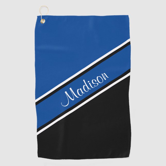Deep Blue Black Diagonal Stripe Script Name Golf Towel (Front)