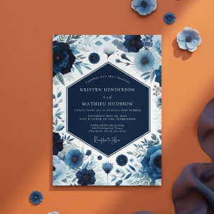 Deep Blue Botanical Bloom Wedding Invitation
