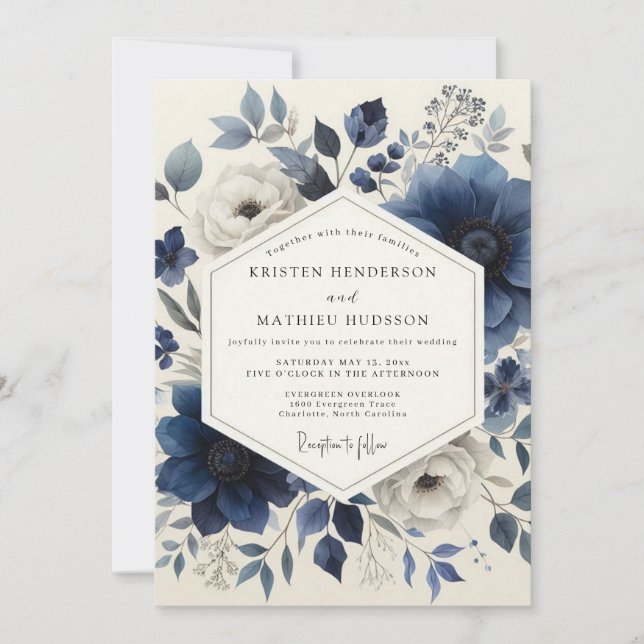 Deep Blue Botanical Romance Wedding Invitation (Front)