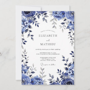 Deep Blue Botanical Romance Wedding Invitation