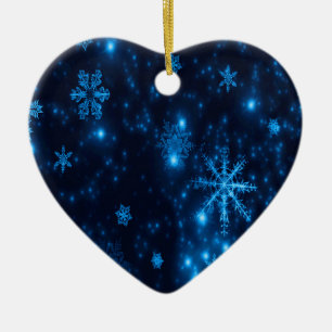 Deep Blue Bright Snowflakes Ceramic Heart Ornament