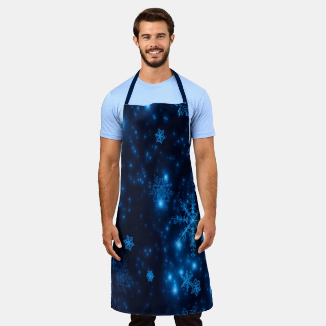 Deep Blue Bright Snowflakes Holidays Large Apron (Worn)