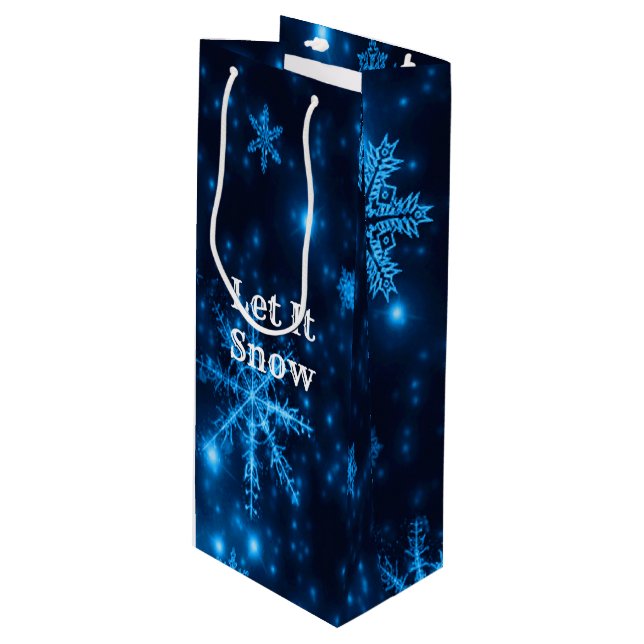 Deep Blue & Bright Snowflakes Let It Snow Wine Gift Bag (Front Angled)