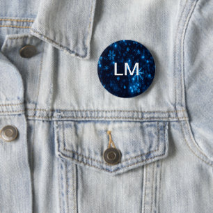 Deep Blue & Bright Snowflakes Monogram Button