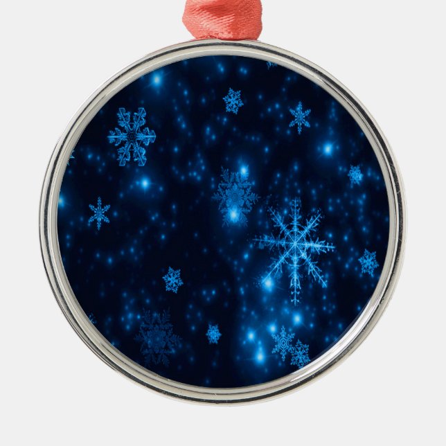 Deep Blue & Bright Snowflakes Prem Round Ornament (Front)