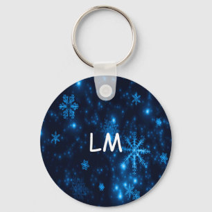 Deep Blue & Bright Snowflakes Round Keychain