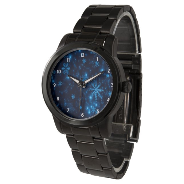 Deep Blue & Bright Snowflakes Unisex Black Watch (Angled)