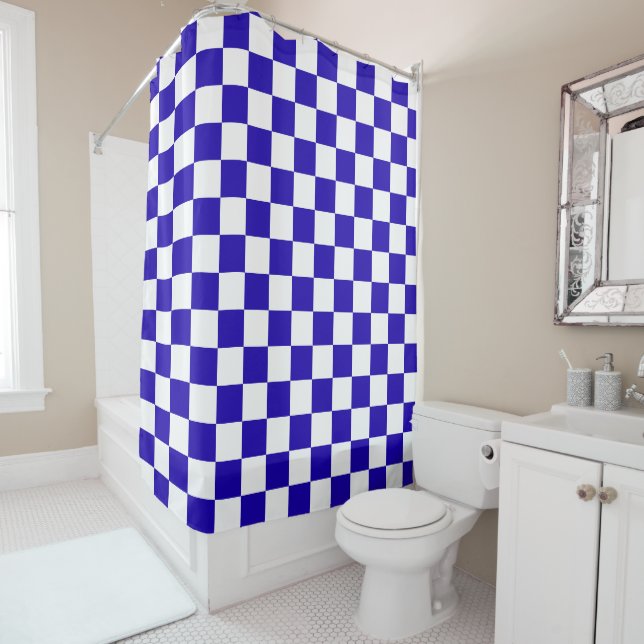 Deep blue chequered  shower curtain (In Situ)