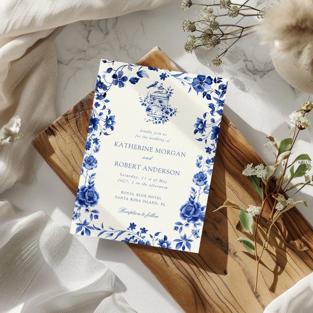 Deep Blue Chinoiserie Vintage Floral Wedding Invitation (Creator Uploaded)