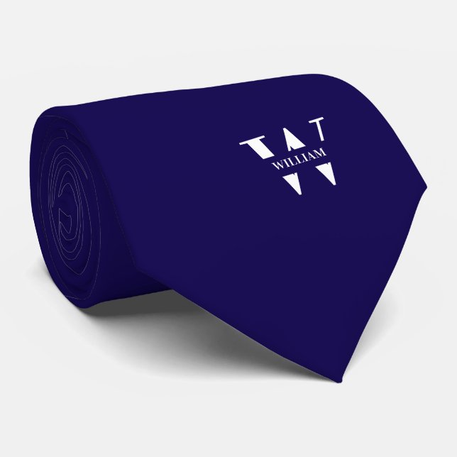 Deep Blue Colour Elegant Monogram + Name  Tie (Rolled)