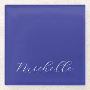 Deep Blue Colour Plain Modern Own Name Calligraphy Glass Coaster
