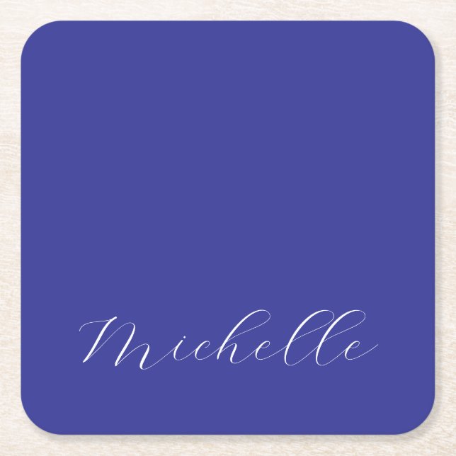 Deep Blue Colour Plain Modern Own Name Calligraphy Square Paper Coaster (Front)