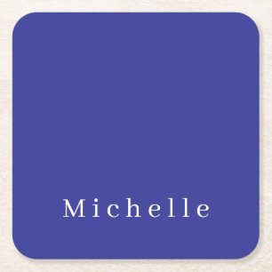 Deep Blue Colour Plain Modern Own Name Minimalist Square Paper Coaster