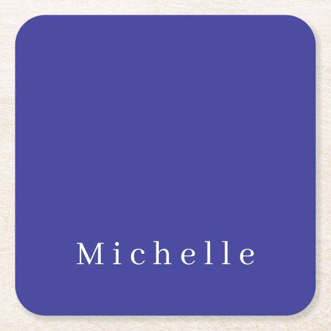 Deep Blue Colour Plain Modern Own Name Minimalist Square Paper Coaster (Front)