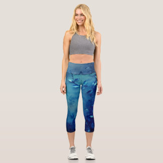 Deep Blue Decorative Leaves Capri Leggings