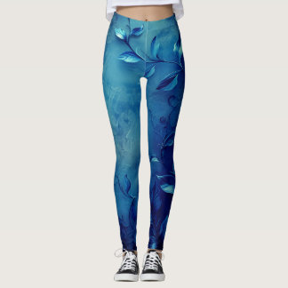 Deep Blue Decorative Leaves Leggings