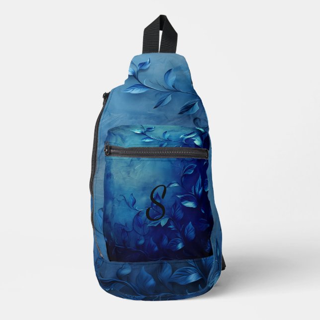 Deep Blue Decorative Leaves Sling Bag (Front)