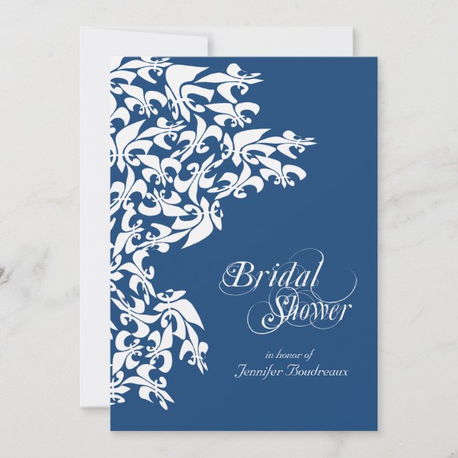 Deep Blue Fancy Fleur de Lis Bridal Shower Invitation (Front)