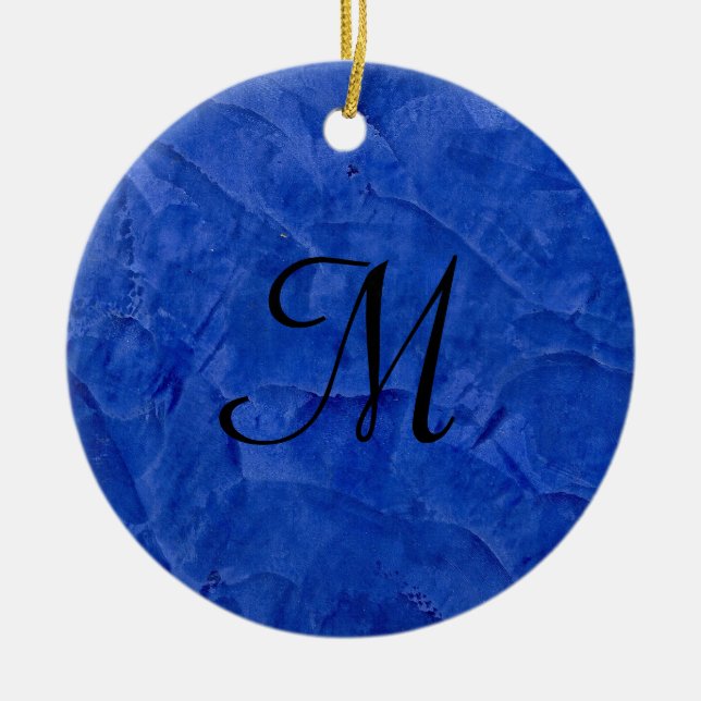 Deep Blue Faux Stone Monogram Circle Ornament (Front)