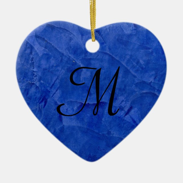 Deep Blue Faux Stone Monogram Heart Ornament (Front)