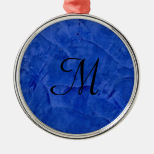 Deep Blue Faux Stone Monogram Premium Rd Ornament