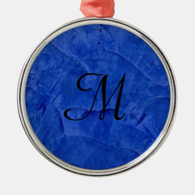Deep Blue Faux Stone Monogram Premium Rd Ornament (Front)