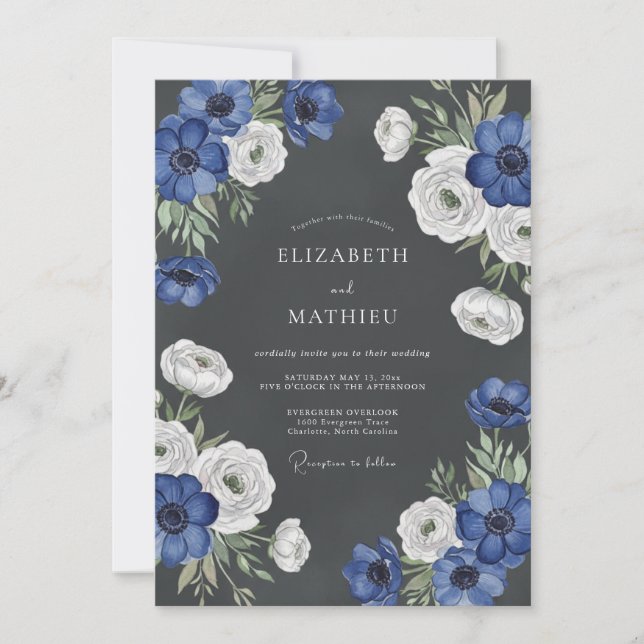Deep Blue Floral Bloom Wedding Invitation (Front)