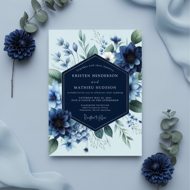 Deep Blue Floral Elegance Wedding Invitation (Creator Uploaded)