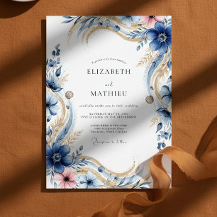 Deep Blue Floral Flourish Wedding Invitation