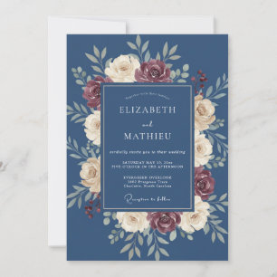 Deep Blue Floral Garland Wedding Invitation