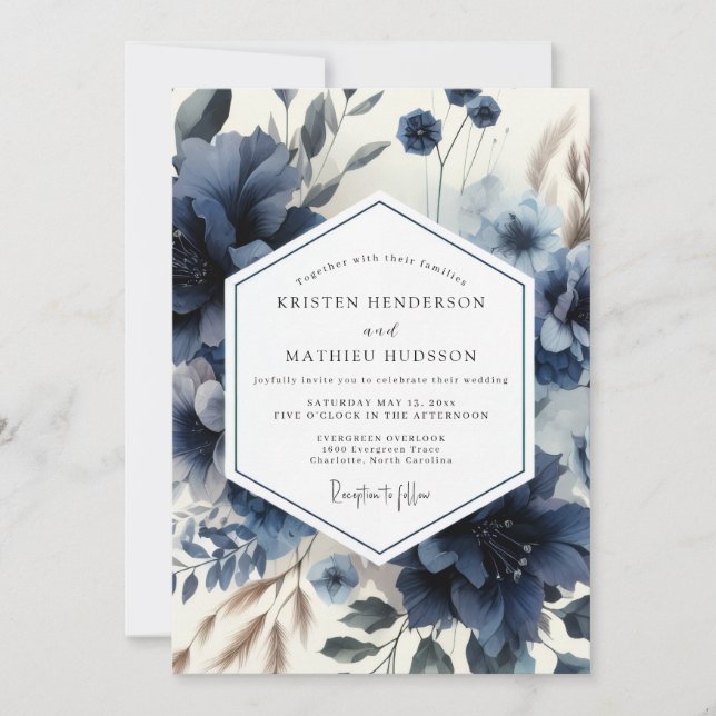 Deep Blue Floral Moody Wedding Invitation (Front)
