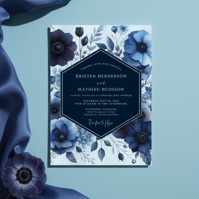 Deep Blue Floral Moody Wedding Invitation (Creator Uploaded)