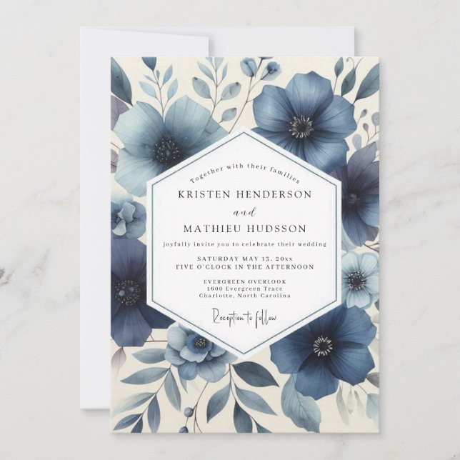 Deep Blue Floral Romantic Wedding Invitation (Front)
