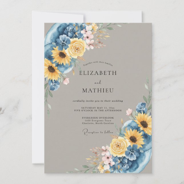 Deep Blue Floral Summer Wedding Invitation (Front)