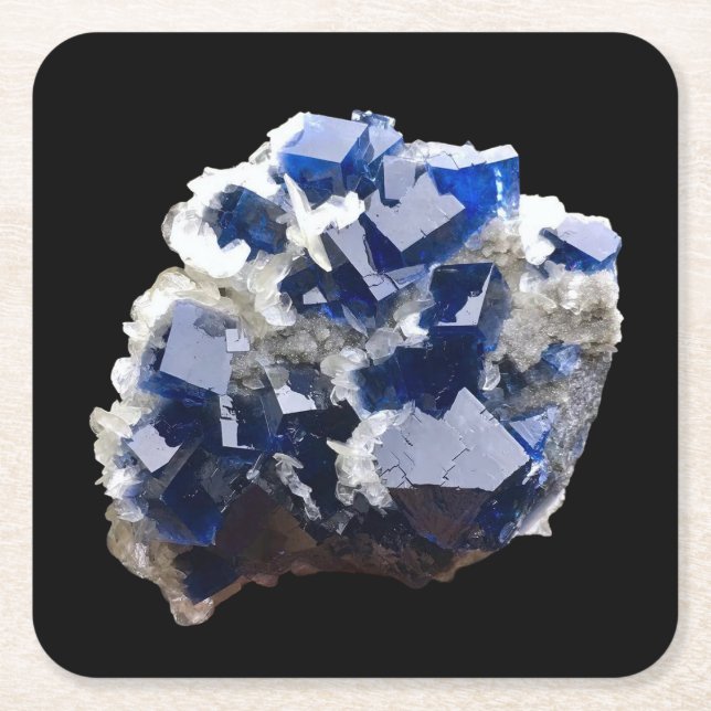 Deep Blue Fluorite Crystal Calcite Mineral Artwork Square Paper Coaster (Front)