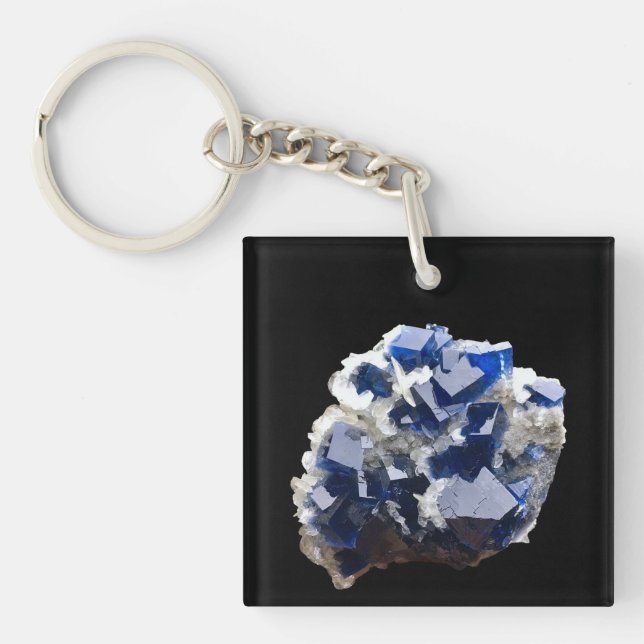 Deep Blue Fluorite Crystal Flake Calcite Mineral  Key Ring (Front)