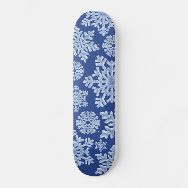 Deep Blue Frozen Winter Frost Snowflakes Christmas Skateboard (Front)