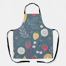 "Deep Blue Fruit Pattern Apron